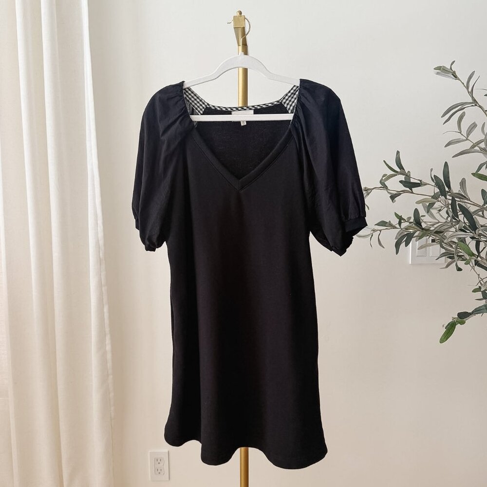 Melloday Black Puff Sleeve Mini Dress | Gingham Trim | Size XL
